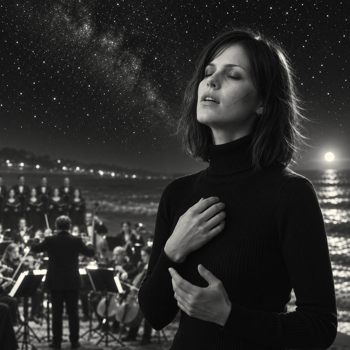 Alma Hale with her eyes closed and a hand on her chest; behind her, the orchestra and the choir on the shore, under the Milky Way. Black-and-white image