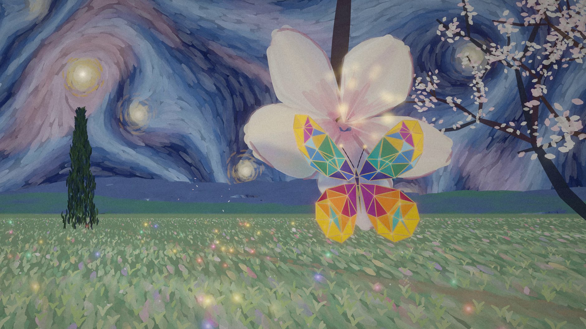 The butterfly of the video in the painted sky, among the stars of the vortices.