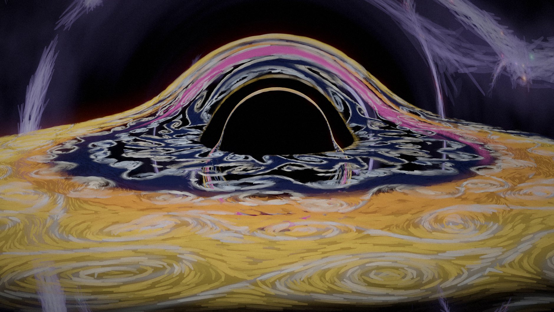 Un buco nero visto da poco sopra il disco: l'ombra scura orlata da un arco sottile di luce, e attorno anelli di pennellate a vortice, oro, blu e rosa, che si alzano ad arco sopra l'ombra.