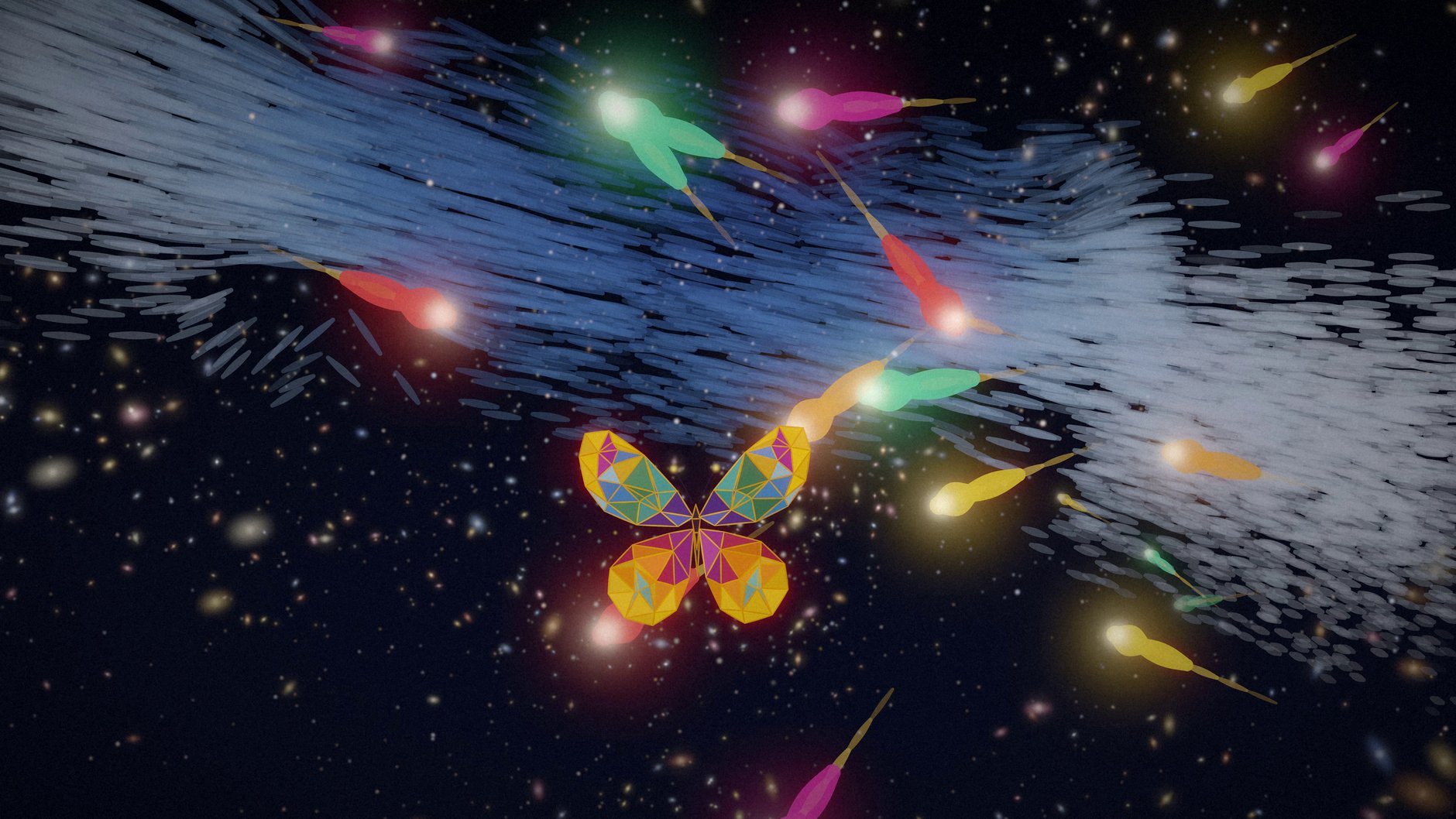 La farfalla, fatta di triangoli colorati, fra meteore dalle code colorate, su un fondo di galassie.