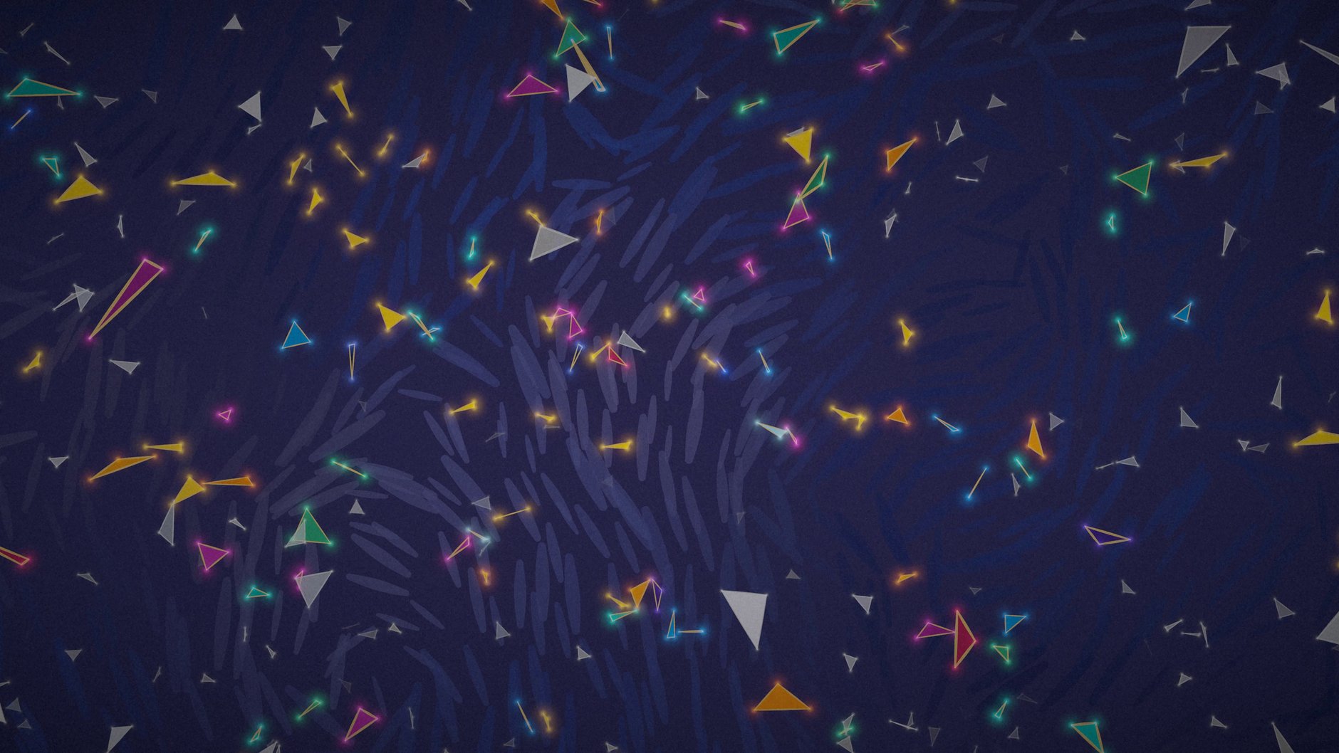 Scintille che si legano a tre a tre in piccoli triangoli colorati, su un fondo blu scuro.
