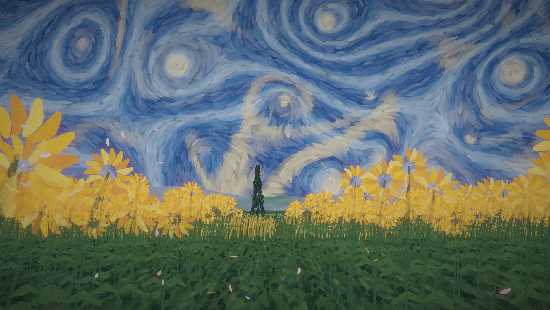 Un campo di girasoli e un cipresso sotto un cielo dipinto, pieno di vortici.