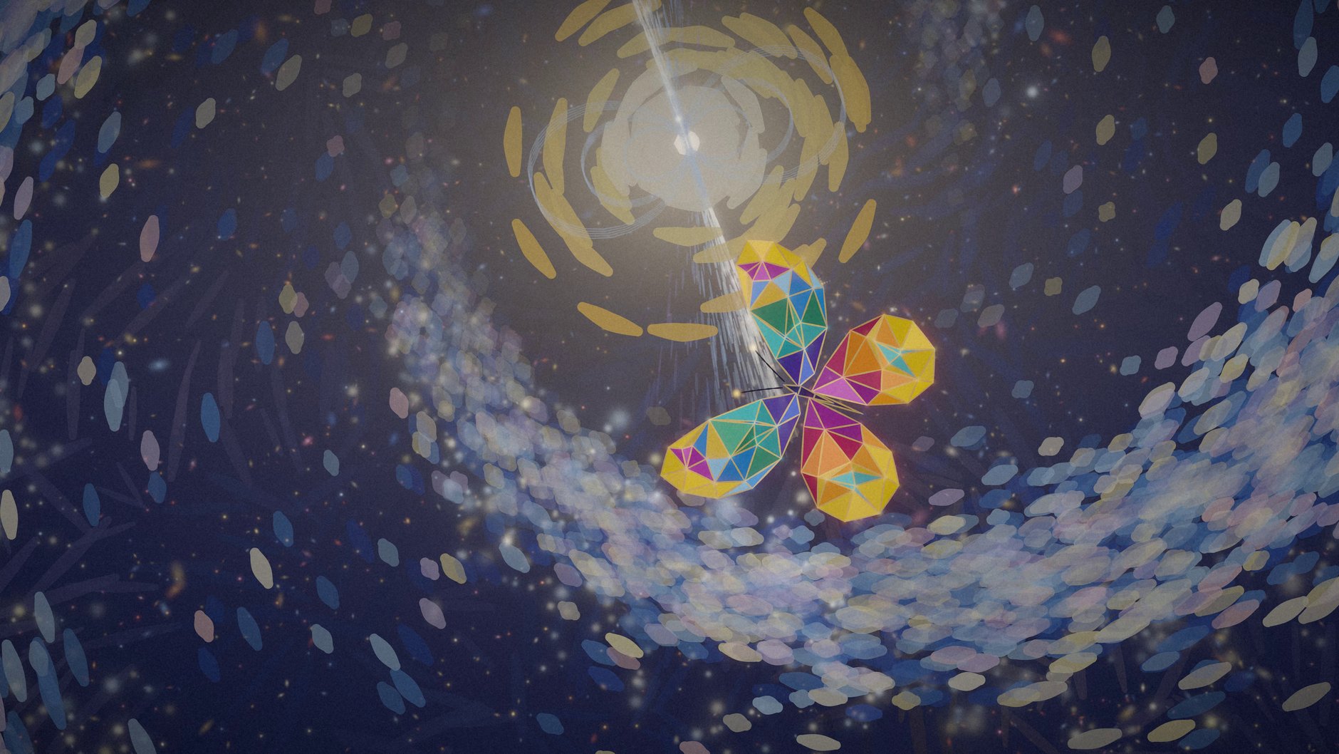 La farfalla vicino a una stella luminosa al centro di una spirale di pennellate; un fascio di luce le passa addosso.